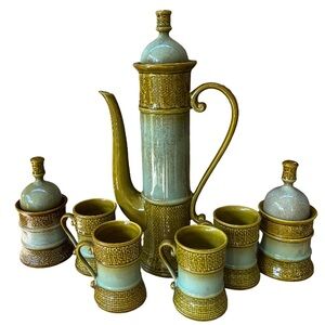 Vintage 10 Piece Set Green & Blue Green Glazed Ceramic Japanese Tea Set